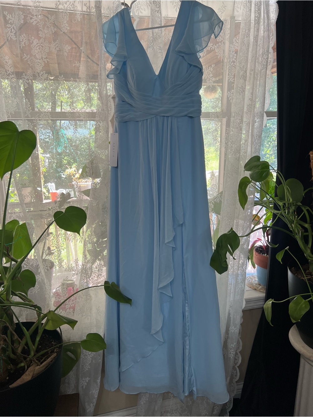 Azazie Light Blue Chiffon V-Neck Maxi Dress with Ruffle Cap Sleeves